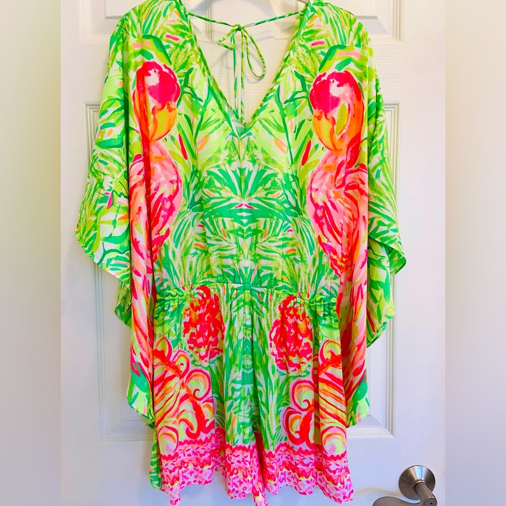 Lilly Pulitzer Mai Romper Tiki Pink Flamingo
